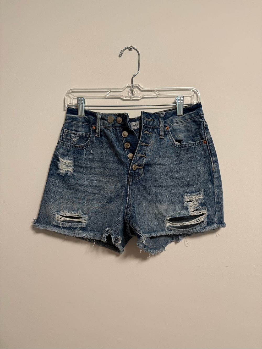 YMI Front-Button Distressed Denim Shorts